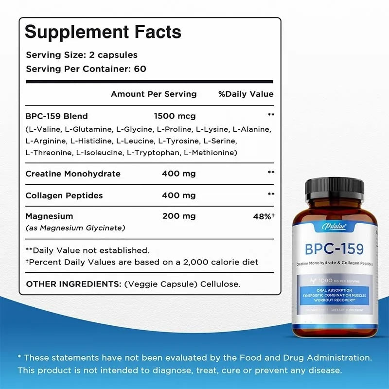 BPC-159 Peptide Capsules - Creatine Monohydrate and Collagen Peptides, Post-Workout Recovery, Bone and Joint Support, Magenisum